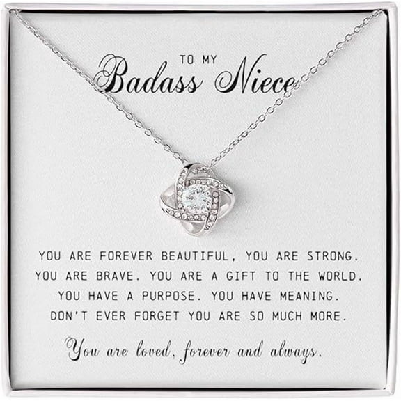 To My Badass Niece Gift Love Knot Necklace with Message Card and Gift Box, Unique Jewelry Pendant for Women, Graduation Christmas Birthday Present Ideas From Aunt and Uncle