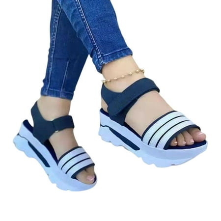 

Women s Platform Sandals Peep Toes Ultra-Thick Sole Shoes Hook & Loop Closure Size 36-43 Blue 38