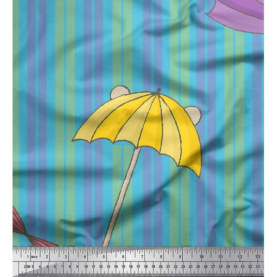 Soimoi Blue polyester Crepe Fabric Umbrella & Stripe Printed Craft Fabric by the Yard 52 Inch Wide