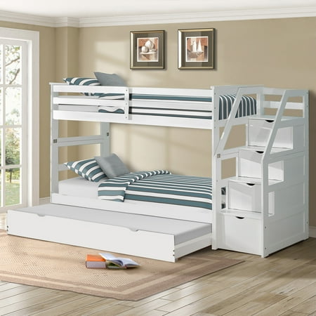 Topcobe Kids Loft Bunk Bed Children Hardwood Twin For Boys S White Low Frame With 4 Storage Drawers