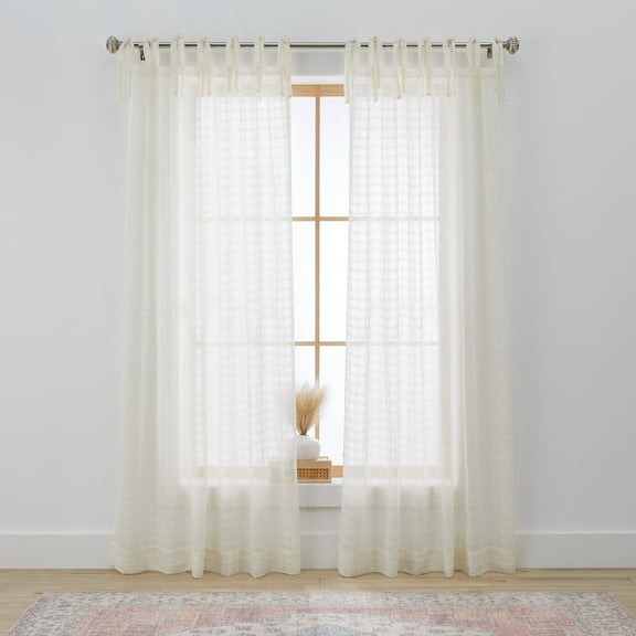 Better Homes & Gardens Sheer Tonal Windowpane Stitch Tie Top Single Curtain Panel, Vanilla Dream, 50" W x 84" L
