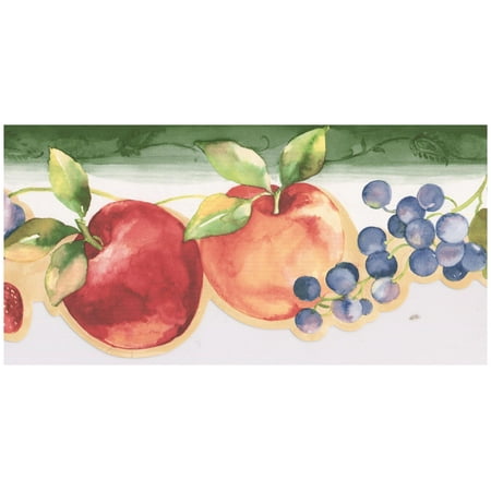 Deep Red Border (Prepasted Wallpaper Border - Red Apple Strawberry Deep Purple Grapes Plum Scalloped Wall Border Retro Design, Roll 15 ft. x 5)
