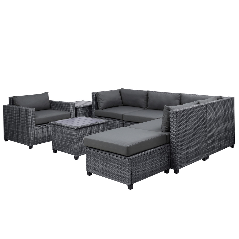 8 Pieces Patio PE Rattan Sofa Chair Set, Outdoor Sectional Seating Group, Low Back Deck Conversation Sofa Set w/Ottoman, 2 Tables and Gray Cushions, Porch Garden Poolside Balcony Use Furniture - image 3 of 10