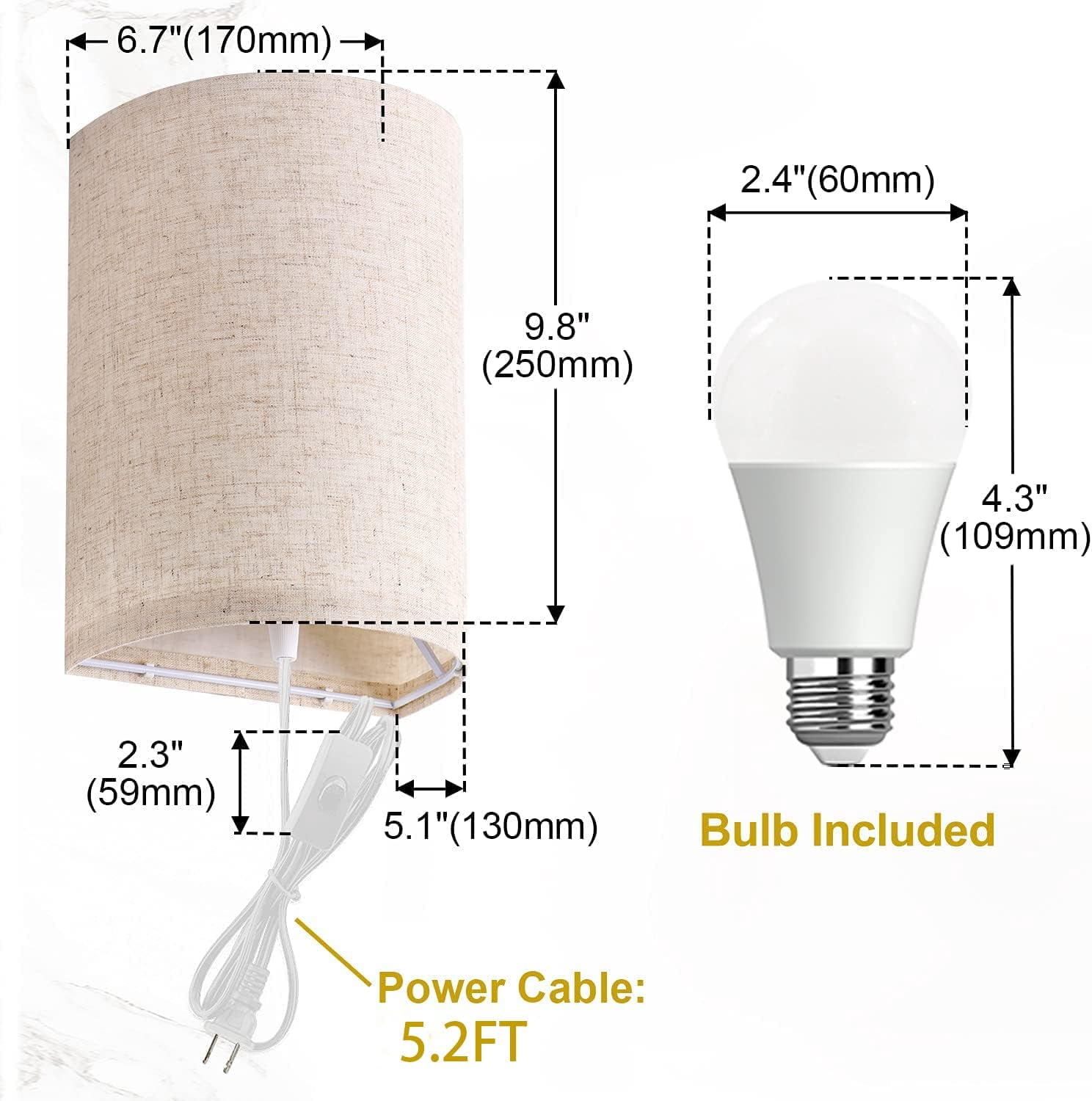 CTAnnie Wall Sconces Set of Two, Wall Lamp Plug in with On/Off Switch, 2700K 4000K 5000K Selectable, Wall Lights for Bedroom, Living Room, Wall Decor for Bedroom, Fabric Linen Lamp Shades