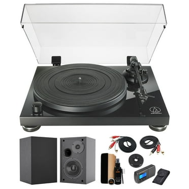 Audio-Technica AT-LPW50PB Fully Manual Belt-Drive Turntable (Black) with 4 Inch Bookshelf Speakers (Pair), Waith Record Cleaning Kit and Waith Digital Turntable Stylus (Essential Bundle Set)