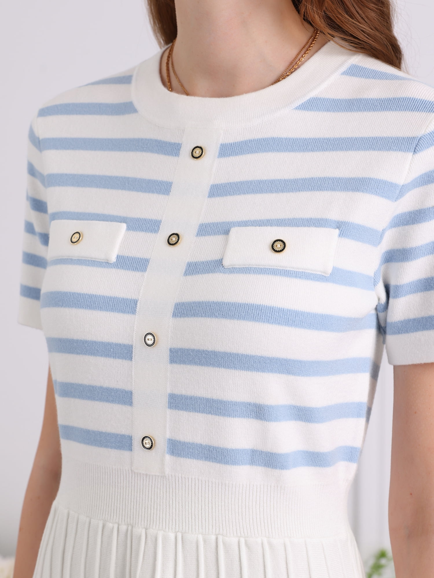 DARING DIVA A-Line Knit Striped Pleated Ribbed Sweater Dress S Light Blue