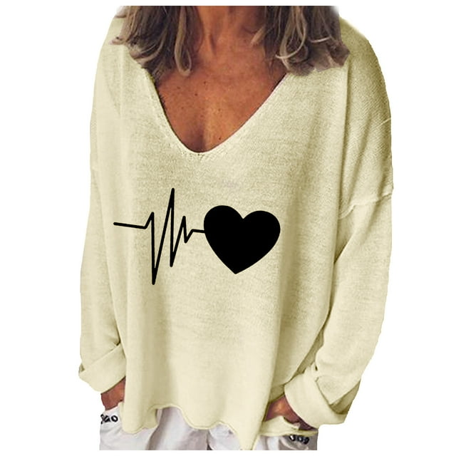 Mode Femme Décontractée Imprimé Col en V T-shirt Manches Longues Ample Blouse Pull