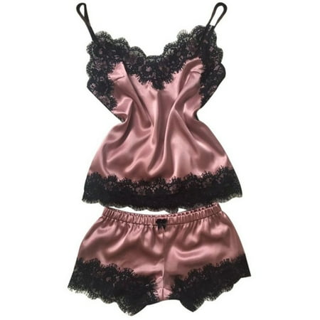 

Deepablaze Women s Sleepwear Satin Pajama Set Black Lace V-Neck Pyjamas Sleeveless Cute Cami Top and Shorts