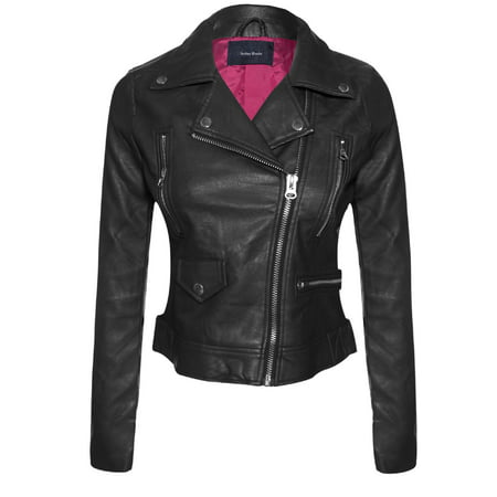 Made by Olivia Women's Long Sleeve Zipper Closure Moto Biker Faux Leather Jacket Black