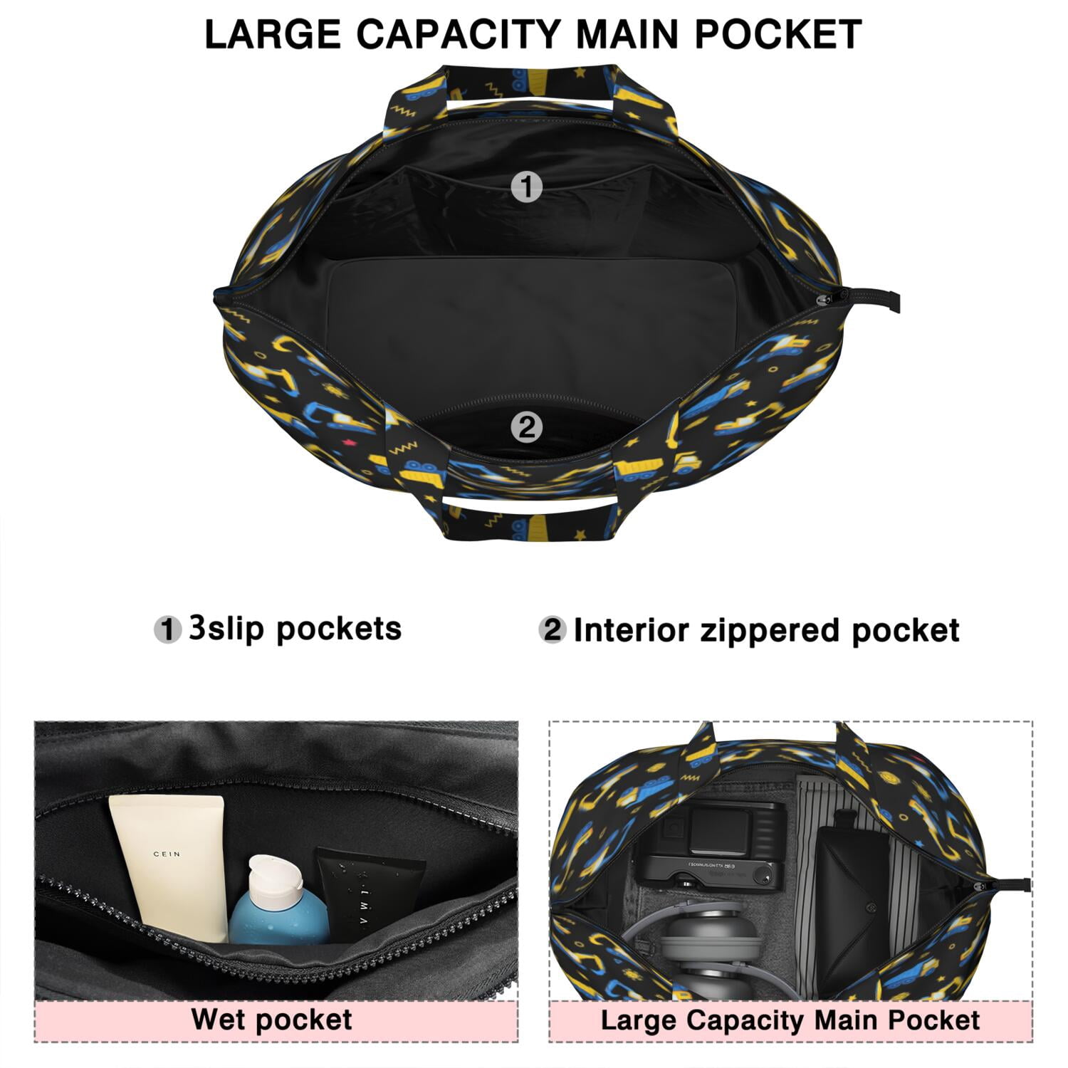 Cartoon Construction Vehicles Stars Black Pattern Travel Tote Bags for Women Carry On,Large Weekender Bags for Women Travel,Multi Functional Duffle Bag for Work,Shopping,Sports