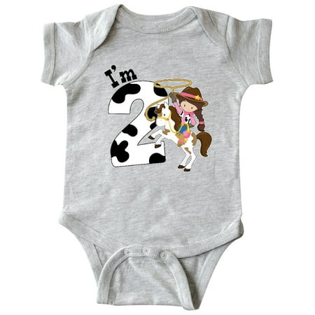 

Inktastic I m Two-cowgirl riding horse birthday Gift Baby Girl Bodysuit
