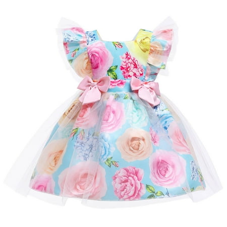 

Summer Dresses For Girls Child Fly Sleeve Pageant Tulle Birthday Party Kids Floral Prints Bowknot Gown Princess Formal Dress