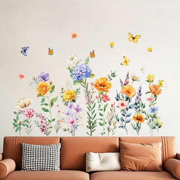 Colorful Wildflower Wall Stickers Spring Flower Butterflies Dragonflies Floral Botanical Wall Decals Peel and Stick Wall Art Stickers for Baby Nursery Girls Bedroom Kids Room Wall Decor