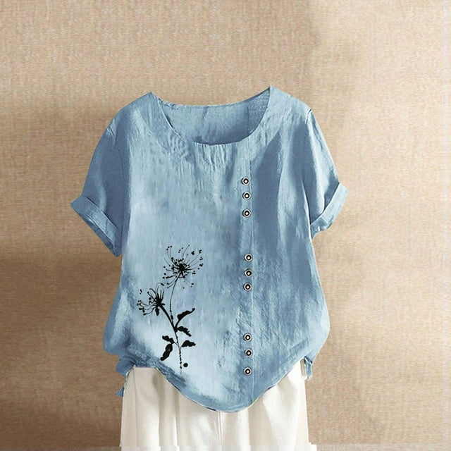 JUNWELL Femmes Tops Dégagement Mode Femmes Été en Vrac Imprimé Rond T-Shirt Manches Courtes Blouse Décontractée Tops