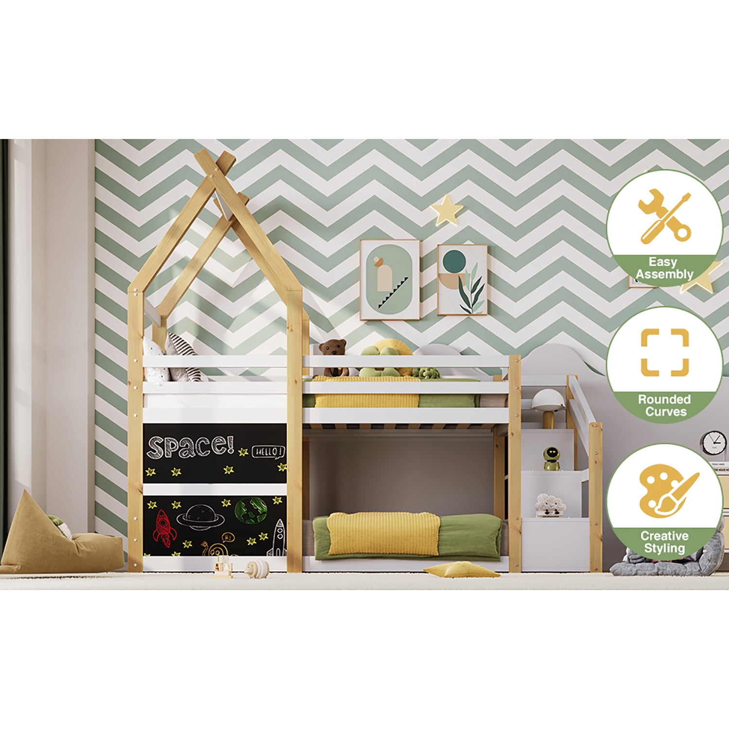 Spaco Bunk Bed Frame with Storage Stairs, House Bunk Bed Twin Over Twin for Boys Girls, Kids, White and Natural Spaco Bunk Bed Frame with Storage Stairs, House Bunk Bed Twin Over Twin for Boys Girls, Kids, White and Natural