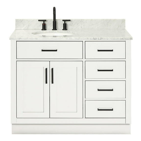 Ariel Hepburn 43 In. Left Offset Oval Sink Vanity With 0.75 In. Carrara White Countertop In White