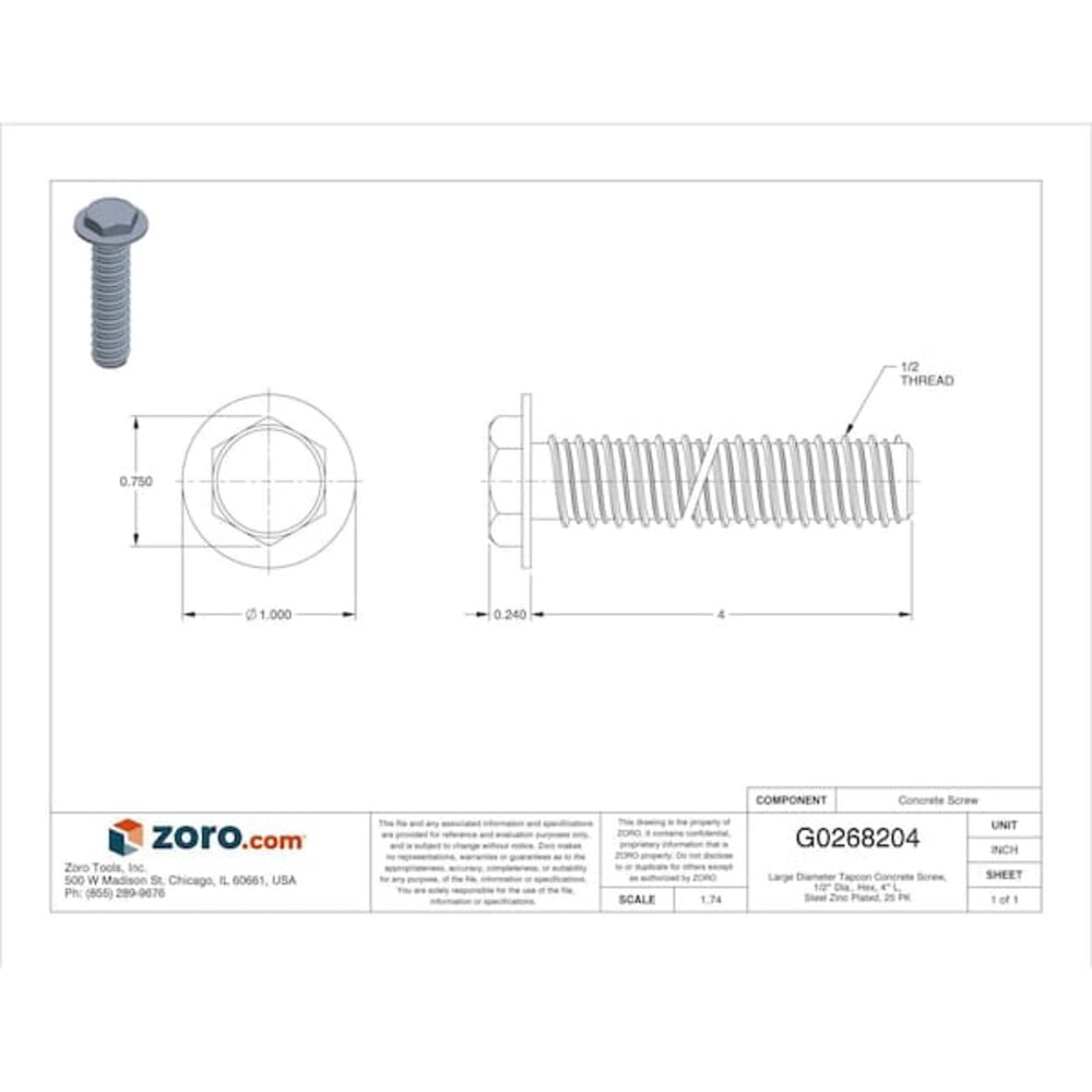 Large Diameter Tapcon Concrete Screw, 1/2" Dia., Hex, 4" L, Steel Zinc Plated, 25 PK