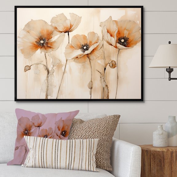 Designart "Minimalistic Grace In Poppy Blossoms IV" Poppies Floater Framed Canvas Art Print