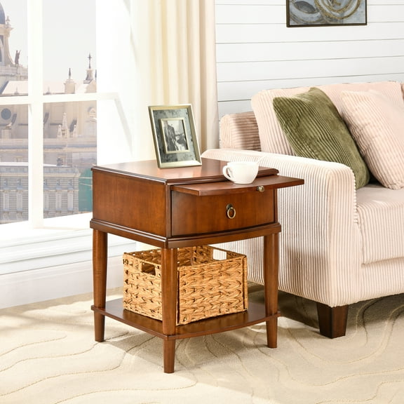 Solid Wood Rectangle End Table with Drawer, Fully Assembled Vintage Sofa Side Table with Sliding Shelf, Pre-Assembled Wooden Beside Table with Storage Shelf In Cherry, 18.1x20.1x22.8in