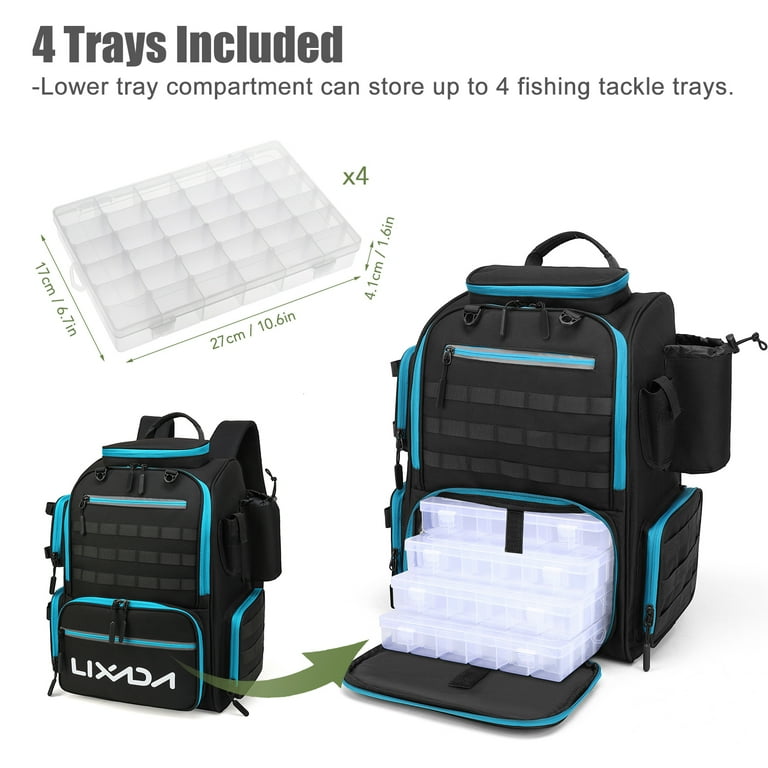 Lixada Fishing Tackle Backpack with 4 Trays Large Tackle Storage Bag with  Rain Cover Outdoor Shoulder Backpack Water-Resistant Fishing Gear Bag