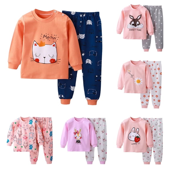 Dakiuu 3 Month - 5 Years Girls Pajamas Outfit Set 2pcs Cute Rabbit Cats Long Sleeve Shirt Pants Spring Fall Winter Clothes Warm Pj Sleepwear Clothing for Toddler Kids Pink 12-18 Months (90)