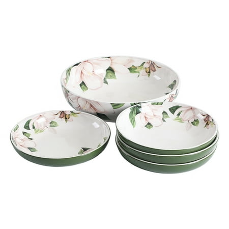 Bico Magnolia Floral Ceramic Pasta Bowl, Set of 5(1 unit 214oz, 4 units 35oz), for Pasta, Salad, Microwave & Dishwasher Safe