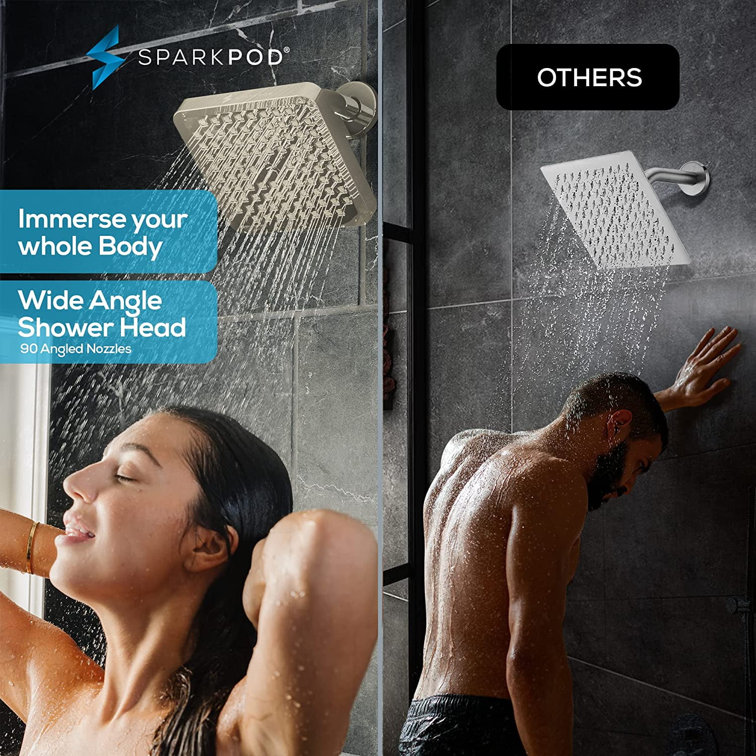 SparkPod High Pressure Rainfall Shower Head, Easy Install, Energy Saving (8 inch Square, Brushed Nickel)