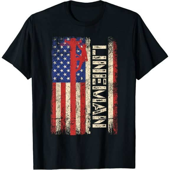 Lineman US American Flag Shirt Patriotic Electrician Men Dad T-Shirt