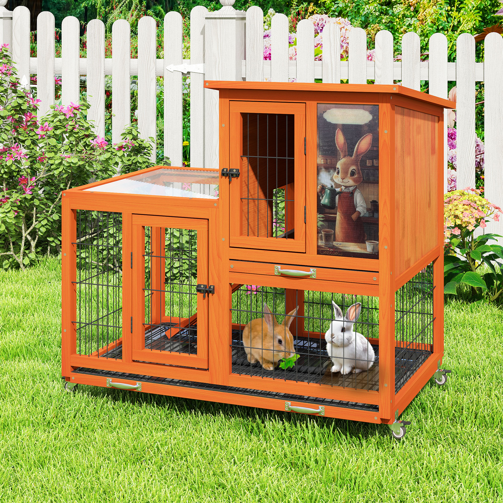COZIWOW Rabbit Cage Indoor with Wire Bottom, 2-Level Large Wooden Bunny Hutch on Wheels Outdoor for Multiple Small Animals, Orange + Colorful Patterns
