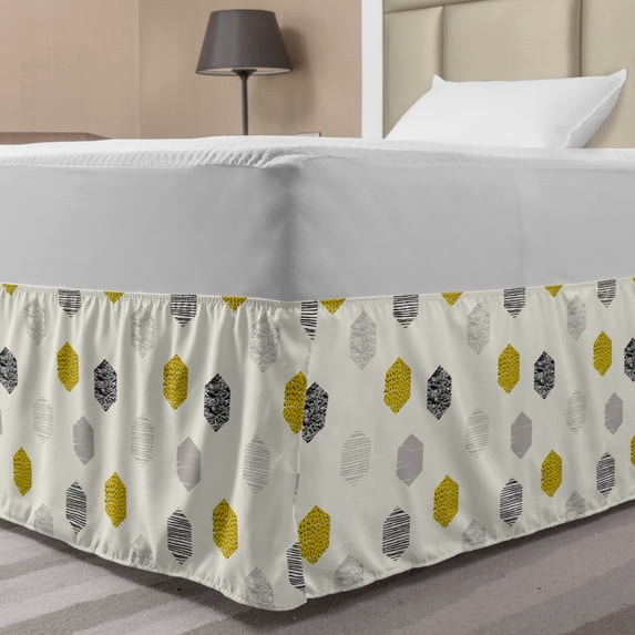 Abstract Bed Skirt, Minimalistic Hexagons Rhythmic Motifs Print, Elastic Bedskirt Dust Ruffle Wrap Around for Bedding Decor, 4 Sizes, Ivory Dark Yellow, by Ambesonne