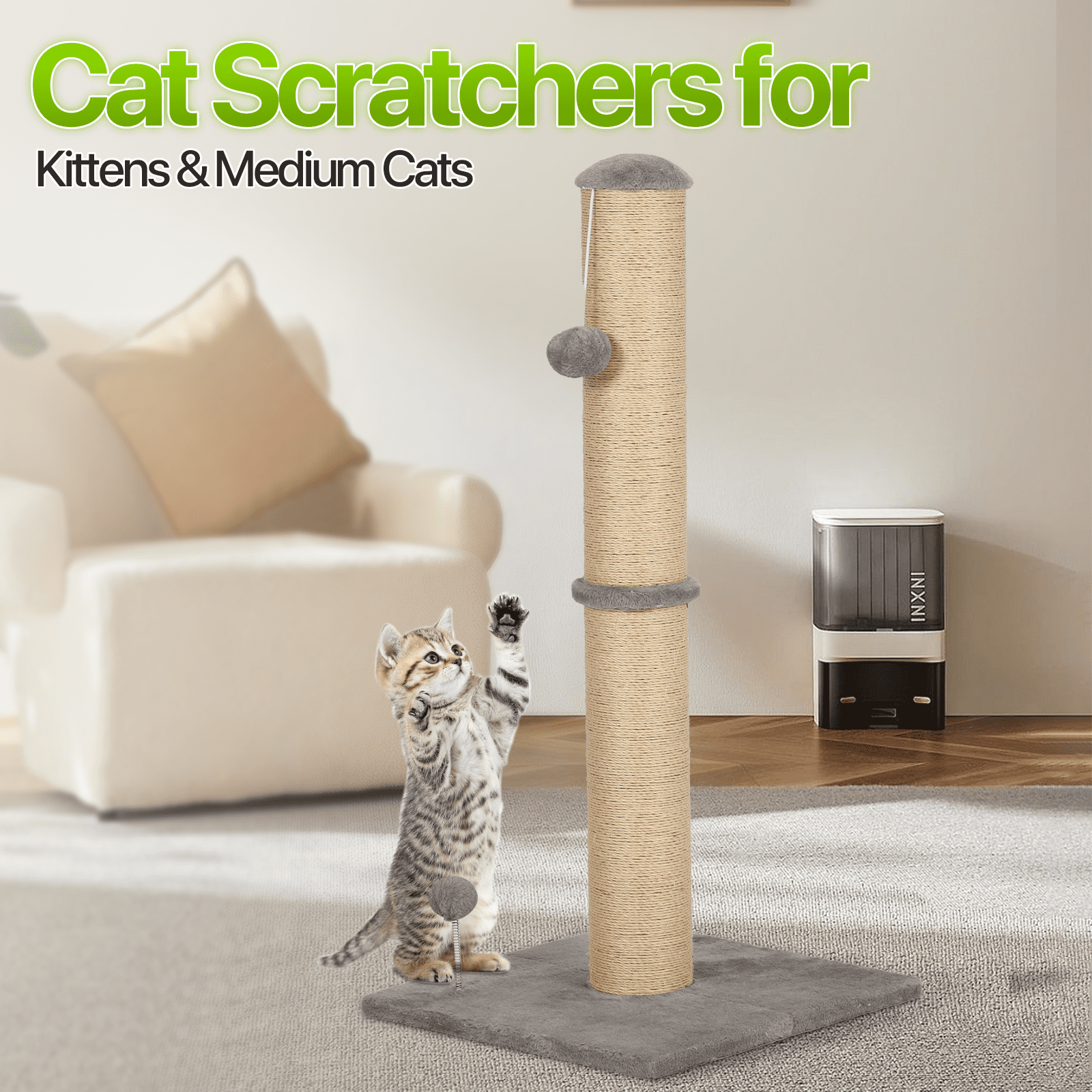 Dkelincs Cat Scratching Post with Sisal & Spring Ball Toy 33" Tall Cat Scratcher for Indoor Cats/Kittens Natural Sisal Scratch Post Trees for Living Room Bedroom, Light Gray
