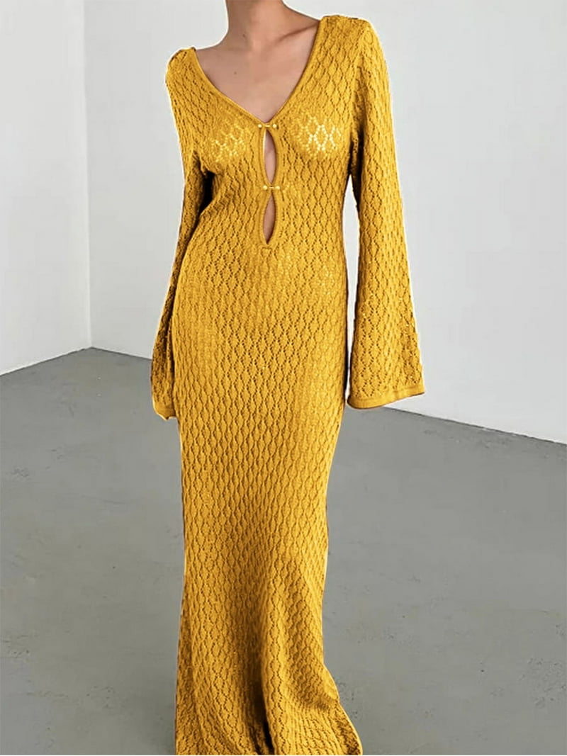 Women See Through Knit Maxi Dress V-Neck Long Sleeve Crochet Bodycon Long  Dress Backless Beach Bikini Cover Up Dresses - Walmart.com