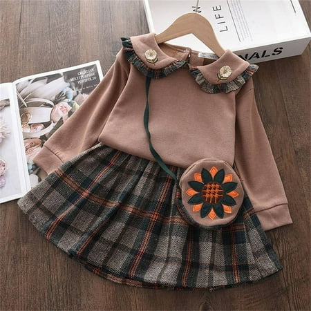 

FZM Christmas Kids Babys Toddlers Girls Spring Winter Plaid Knit Sweater Thick Long Sleeve Skirts Set Outfit Clothes
