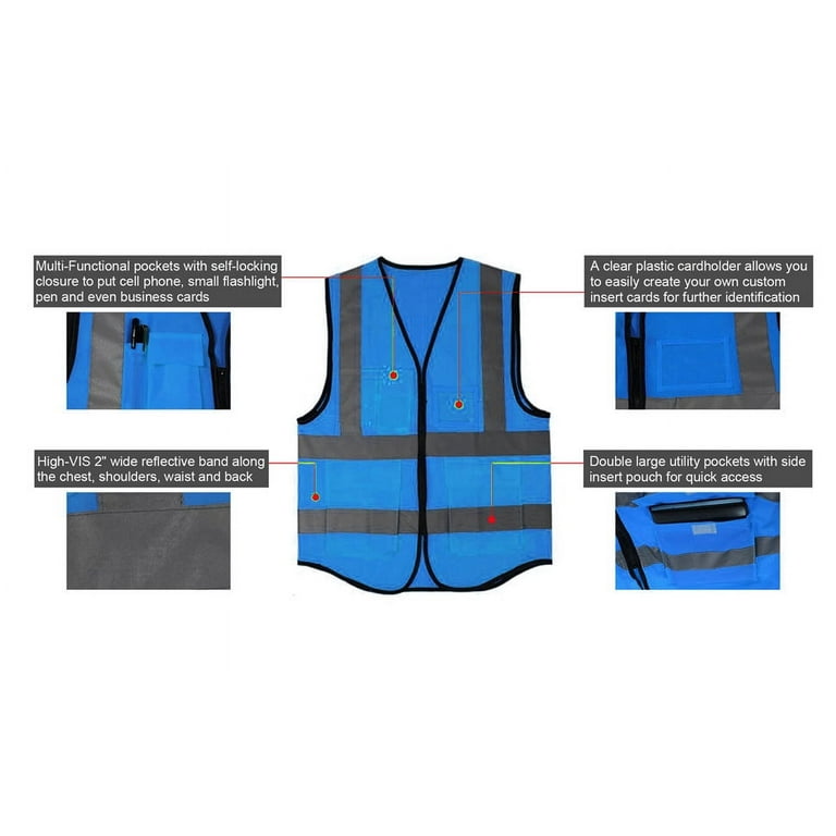 GOGO 5 Pockets High Visibility Zipper Front Breathable Safety Vest with  Reflective Strips, Uniform Vest-Blue-XL