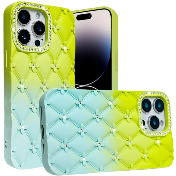 Designed for Apple iPhone 15 Pro Max (6.7") Fashion Flower Design Sparkle Glitter Shimmer Rhinestone Bling Leather Feel Thick TPU Rubber Hard PC Phone Case Cover - Light Green /Teal