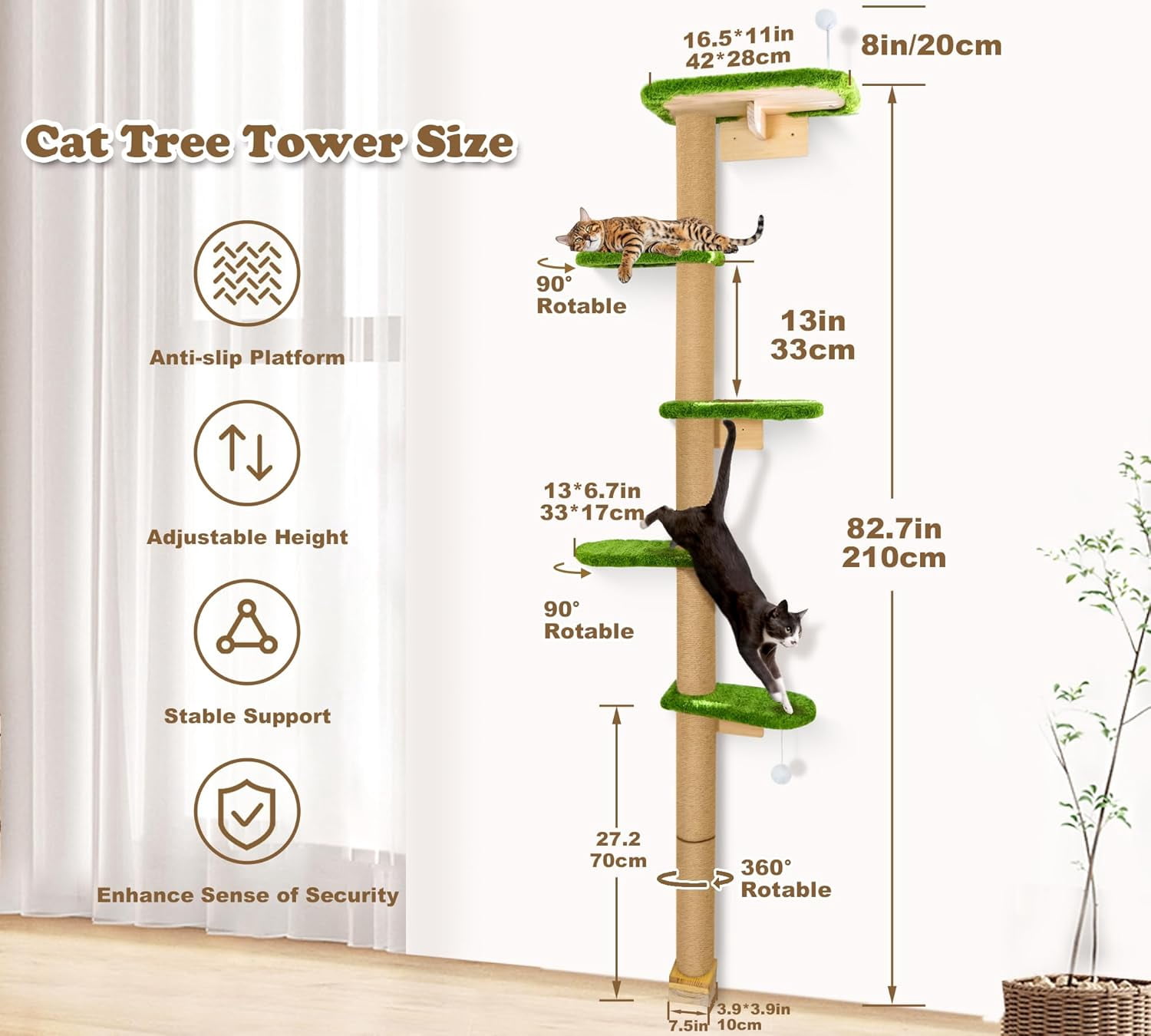 Peluomoz Green Adjustable Floor to Ceiling Cat Tree with 5 Plush Platforms, 83 in