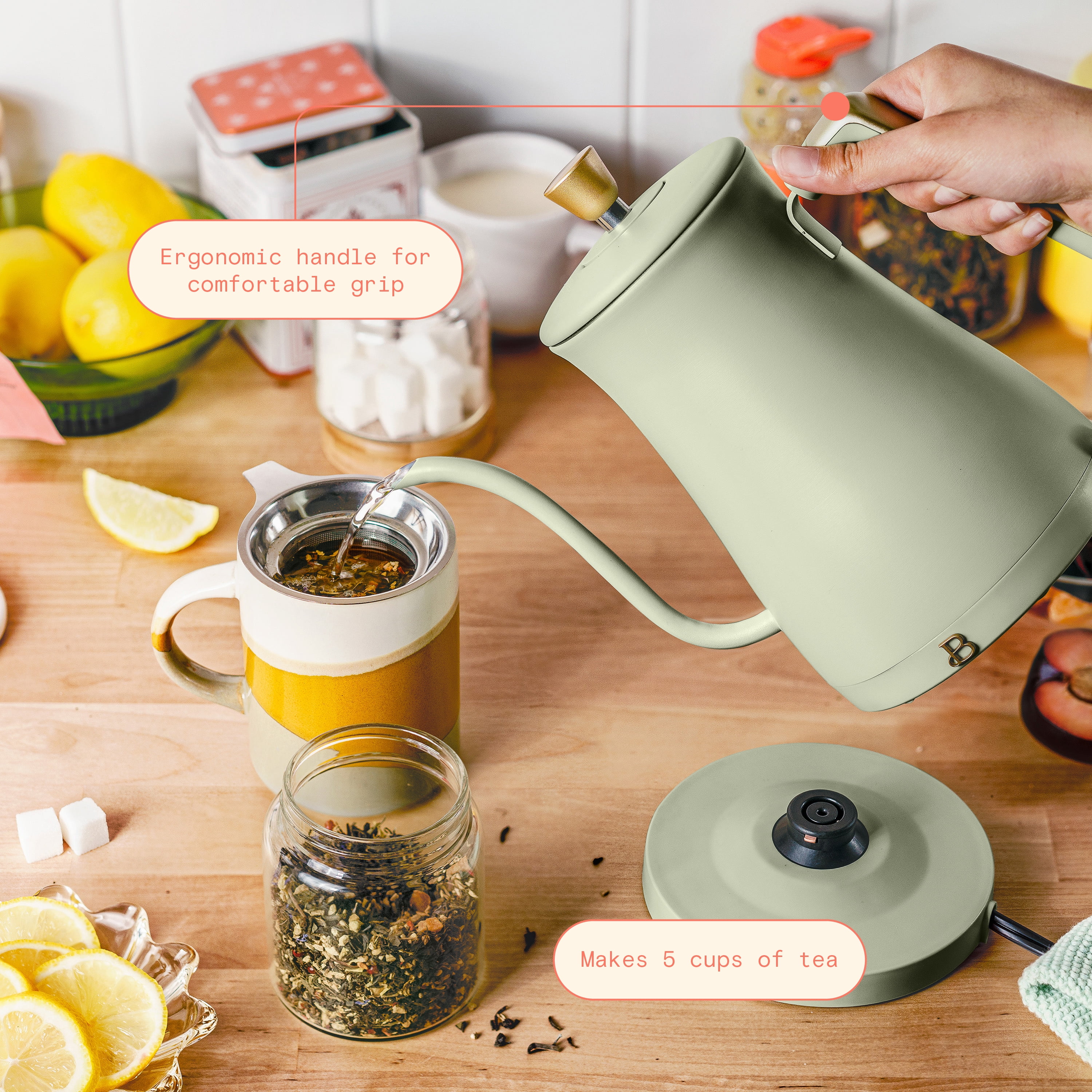 Beautiful 1-Liter Electric Gooseneck Kettle 1200 W, Sage Green by Drew Barrymore