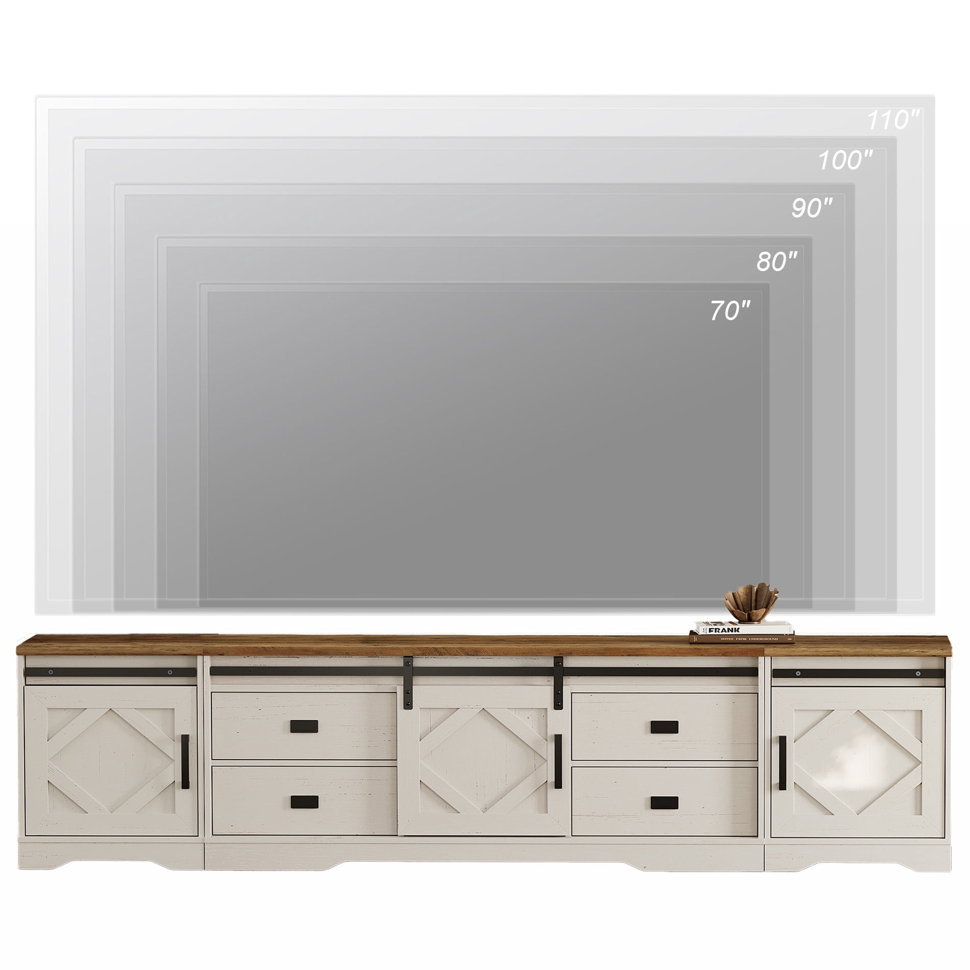 WAMPAT Farmhouse Entertainment Center for 110" TVs, 3-in-1 Wooden TV Stand with Barn Door, Adjustable Shelves and Storage Drawers,Media Console Table for Living Room,Cream White