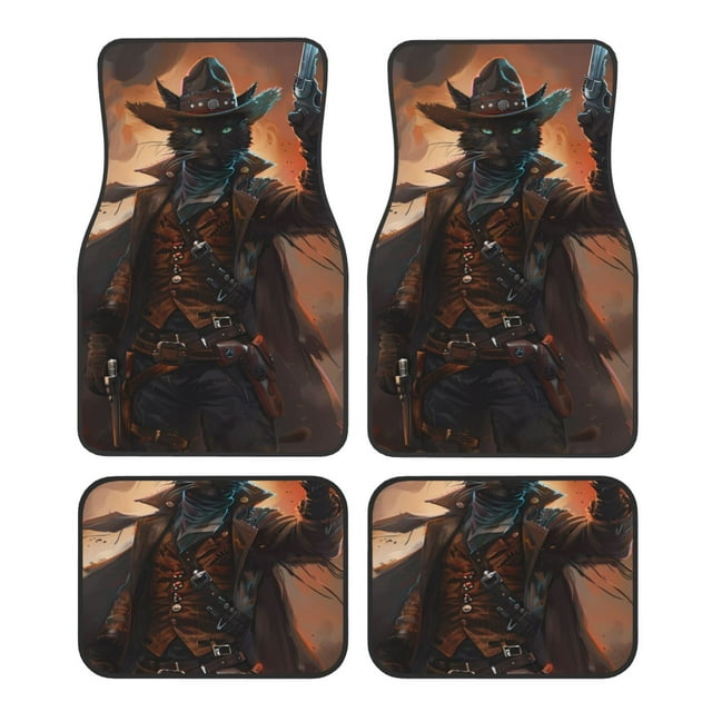 Honeii Steampunk Cowboy Cat Print Car Foot Mat Four-Piece Set - Front & Rear Universal Car Floor Mats for SUVs, Trucks, Sedans
