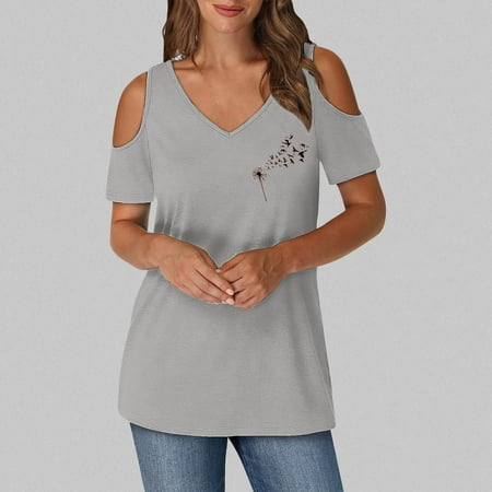 QUNYINEY Casual Spring Tops for Women V Neck Dandelion Cold Shoulder Blouses Pullover Short Sleeve Loose Tops