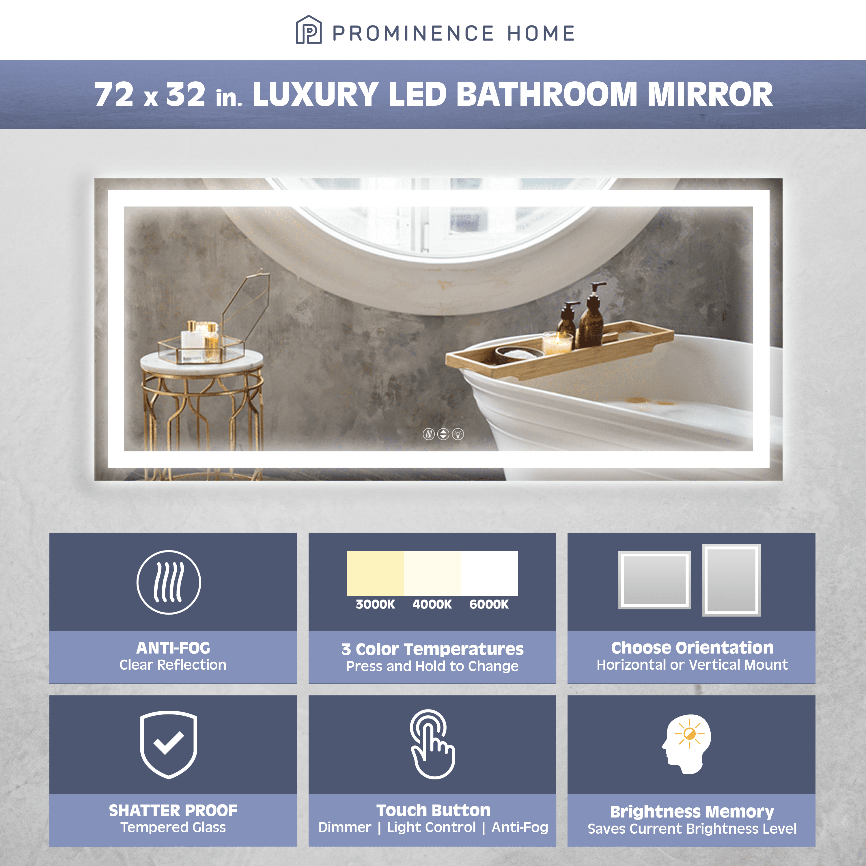 Prominence Home 72x32" Frontlit, Backlit, Anti-Fog, Shatter-Proof Touch Control LED Bathroom Mirror with Adjustable Light Settings