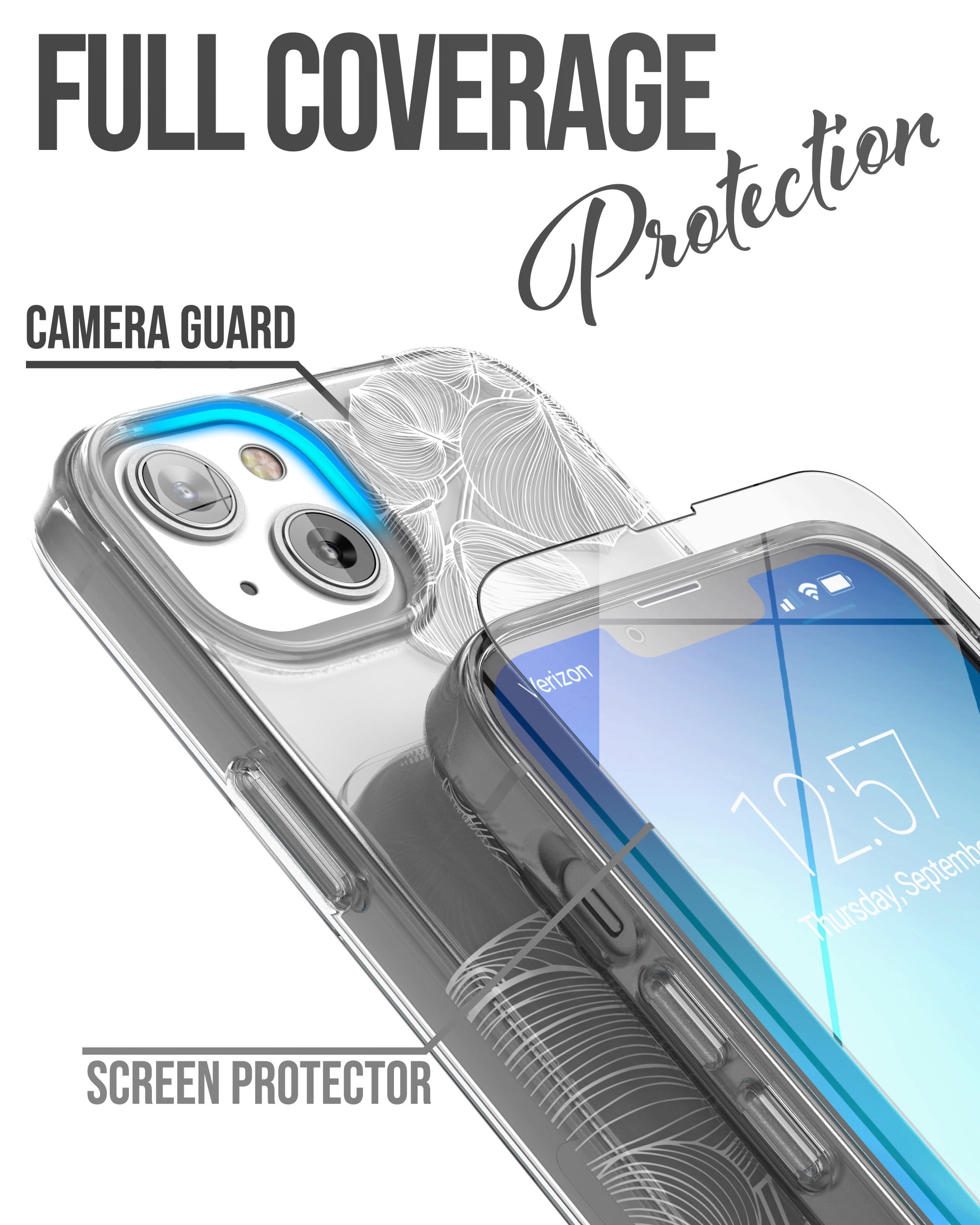 Encased Magnetic Case Designed for iPhone 14 Clear Case with Design with Screen Protector - Compatible with MagSafe Phone Accessories (White Lace Leaf)
