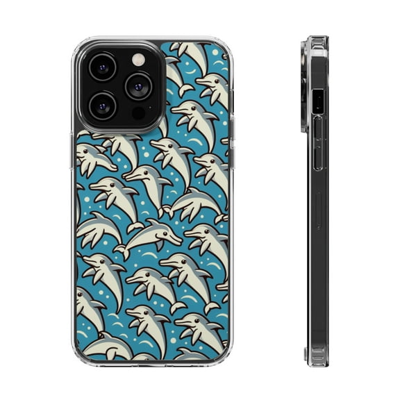 DistinctInk Hybrid (Acrylic / TPU) Clear Slim Fit Case for Apple iPhone 14 PLUS (6.7" Screen) - "Playful Dolphins: A Cartoon-like Delight"