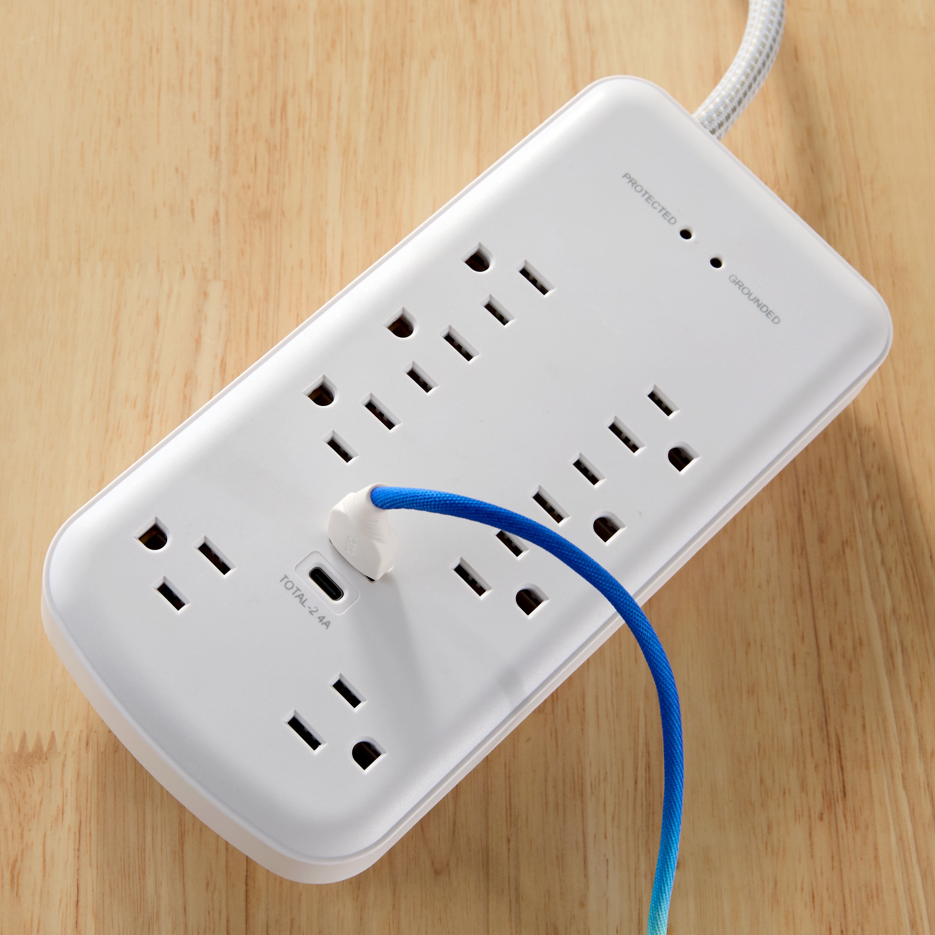 Hyper Tough Surge Protector Power Strip with USB-A, USB-C, 8 Outlets, 10ft Extension Cord, White