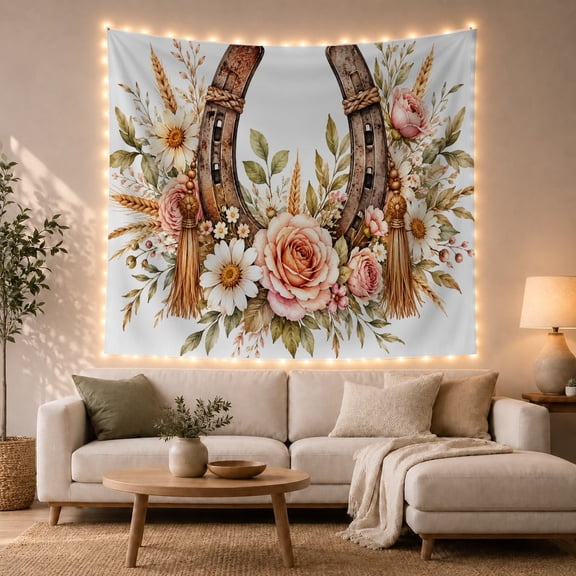 Floral Horseshoe Among Roses and Wheat, Cozy Boho for Equestrian Lovers, Botanical Nature Decor, Housewarming Gift, Tapestry Wall Hanging for Bedroom and Living Room