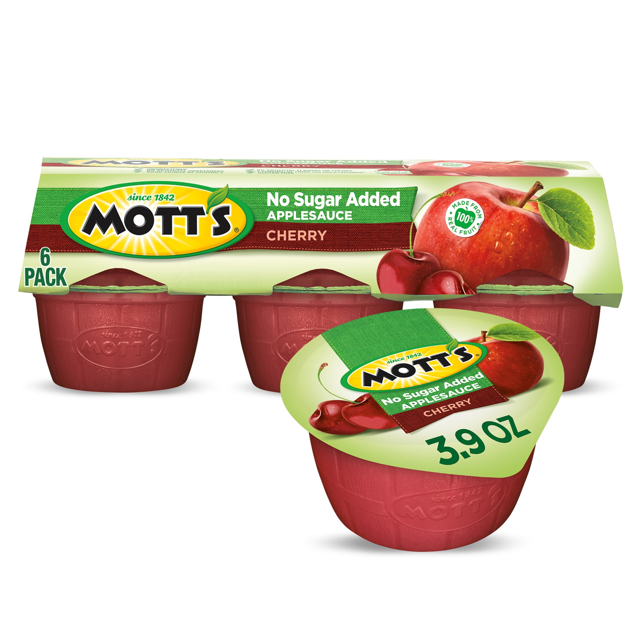 (2 pack) Mott's No Sugar Added Cherry Applesauce, 3.9 oz, 6 Count Cups