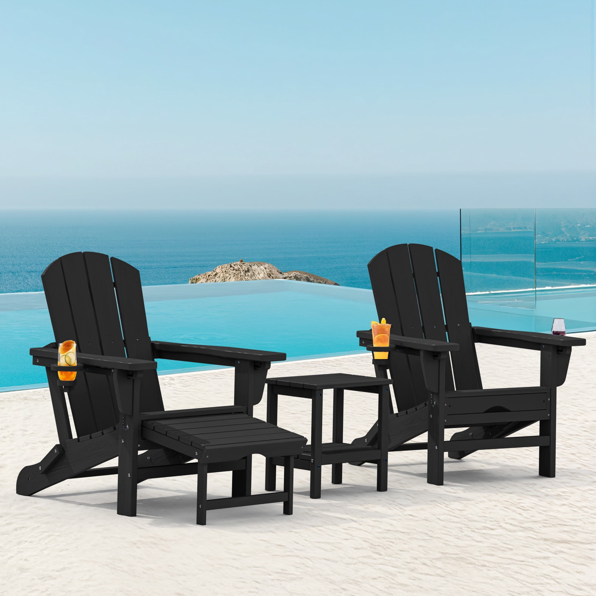 SERWALL Adjustable Folding Adirondack Chair with Footrest & Dual Cup Holders Set of 4, HDPE Foldable Multifunctional Adirondack Chair with Ottoman for Patio, Outdoor, Garden, Black