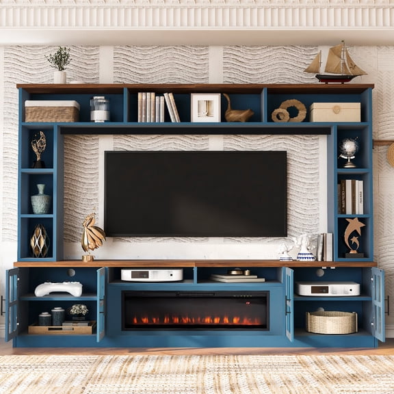 95.5" W Wall Unit Entertainment Center with Electric Fireplace Cabinets and Bookshelves for TVs up to 80", Modern TV Stand Media Console with Adjustable Shelves for Living Room, Navy Blue