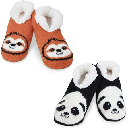 Image of 2-Pair US 8-10 Sloth & Panda Faux Fur Slip on Indoor Soft Slippers Non-Slip Women M / Men S Black & Brown