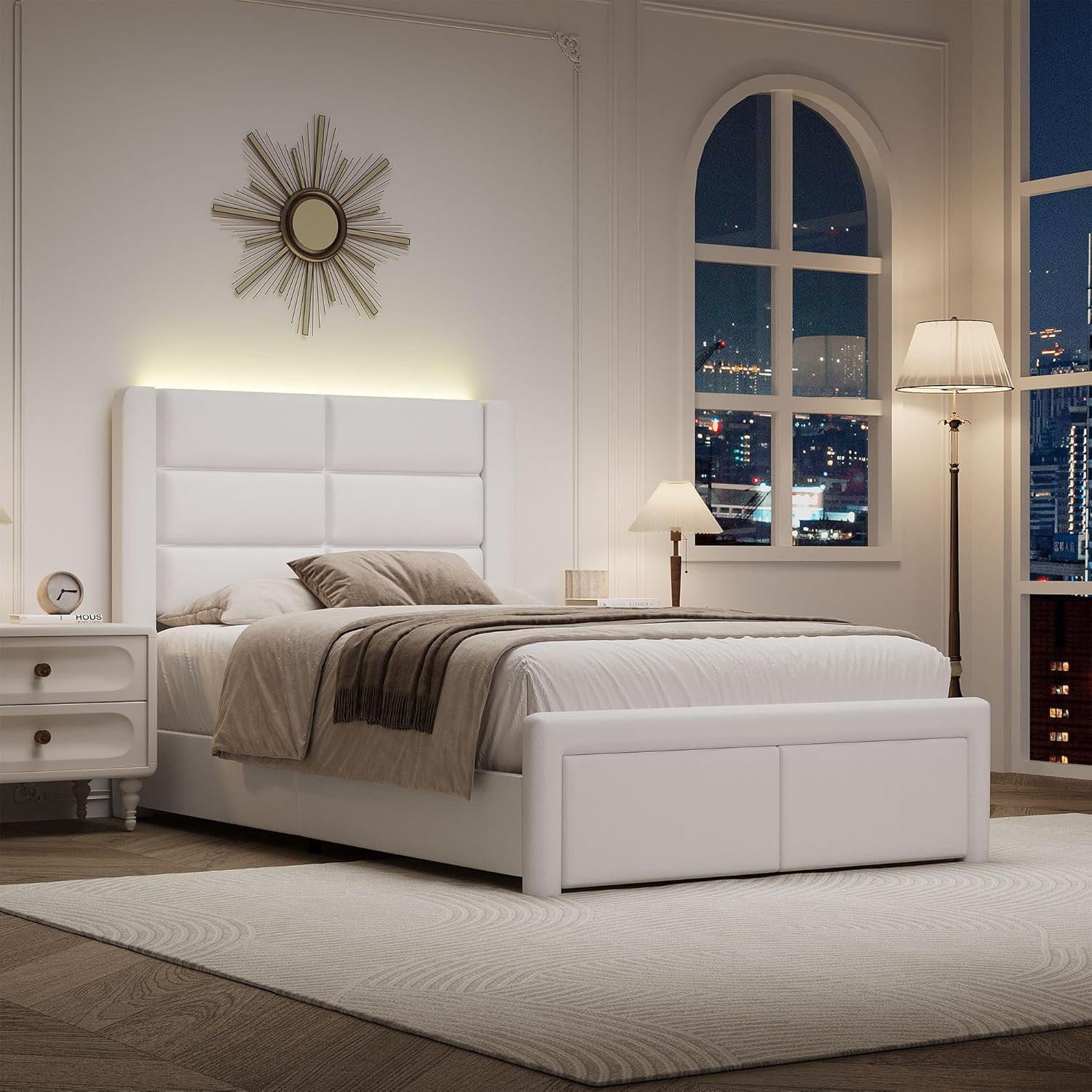 4 EVER WINNER Twin Bed Frame with LED Light, Modern Upholstered Platform Bed Frame Headboard and Footboard, White Twin Size Bed Frame, White